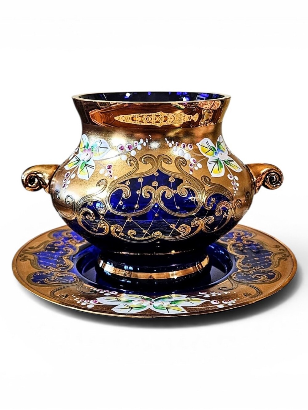 Vtg Bohemian cobalt blue Glass Enamel & 24K Gold Gilt RARE Bowl Plate Set